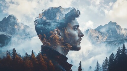 Double exposure portrait of a man in the mountains.