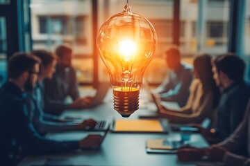 A glowing light bulb hanging above a group of people working in an office