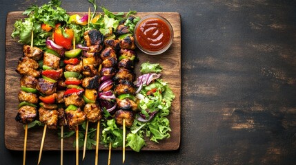 Assorted Kebabs with chutney and salad on a wooden board. Top view with copy space.