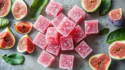 Assorted fig candies arranged with fresh figs and leaves on a textured background