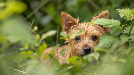  A sad-faced small dog in close-up amidst grass and leaves