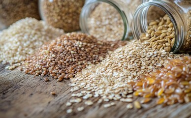 variety of whole grains displayed on a rustic wooden table. brown rice, quinoa, oats, and barley, with some grains spilling out of clear glass jars. background simple and natural, zero plastic