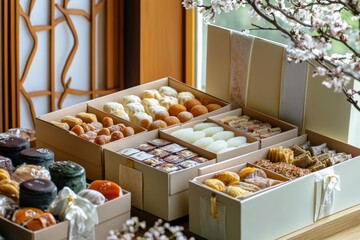 Chuseok gift boxes or hampers filled with traditional Korean snacks and treats, elegantly arranged and wrapped. thoughtful gesture of these luxury gifts, with a clean and festive presentation