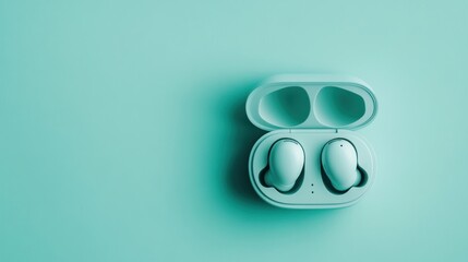 Wall Mural - Wireless earbuds in a case on a teal background, showcasing modern technology design.