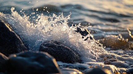 Poster - Waves crashing against rocks at sunset, creating a serene and dynamic coastal scene.