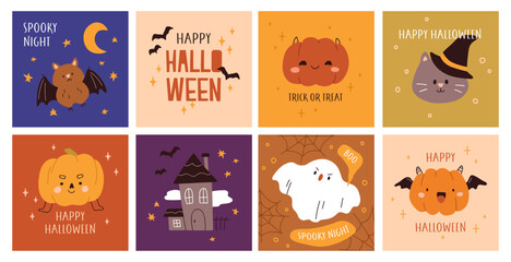 Wall Mural - Cute funny Halloween cards, square designs set. October holiday, festive haunted pumpkins, cat in witch hat, comic ghost, bat for happy Trick or Treat. Kids childish flat vector illustration