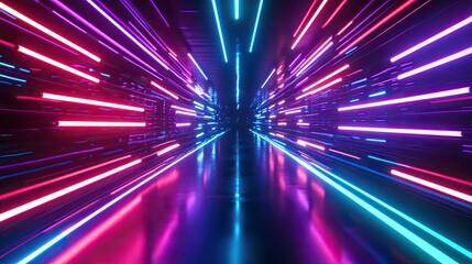 A dynamic 3D render of neon lights moving at high speed, creating a vibrant and futuristic technology background with a sense of motion and energy.