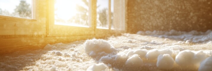 a close-up view of a passive house thermal insulation layer, showcasing the fluffy texture and natur