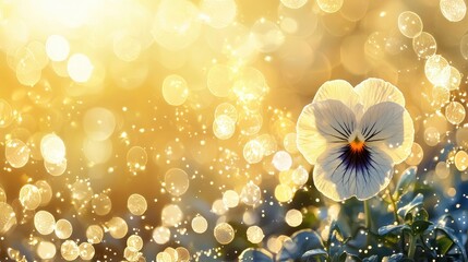 Poster - Golden Bokeh Light and White Pansy Flower in Nature