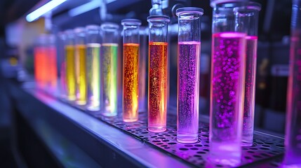 Under UV light, test tubes of vivid liquids create an otherworldly glow in the lab.