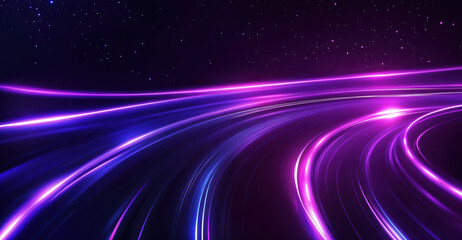 Wall Mural - Light trails are speeding through space leaving a purple glowing trace in a futuristic space environment. Technology and innovation concept. High quality photo