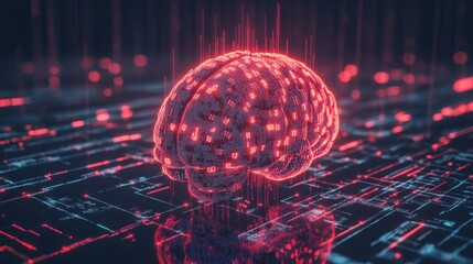 Digital Mindscapes: Glowing brain amidst binary code streams and cyber abstracts