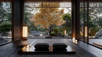 Canvas Print - Zen Garden View Through Modern Japanese House Window