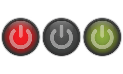 Power button in active, inactive and stanby state. Set of shiny power buttons isolated on white background