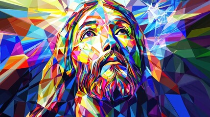 Abstract stained glass style Jesus Christ illustration with vibrant colors