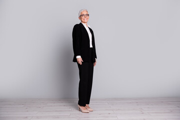 Poster - Full length photo of gorgeous lovely successful senior lady wear black suit isolated on grey color background