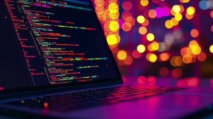 A close-up on a laptop screen displaying code with cloud service APIs and a blurred background of a modern data center, DevOps, Cloud Technologies, dynamic and dramatic compositions