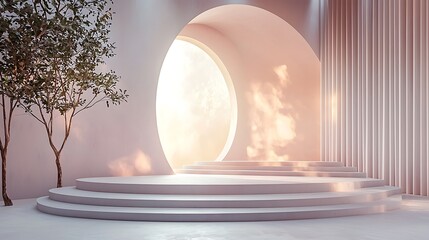 Sunlight streams through an archway onto a minimalist white podium, casting serene and elegant shadows.