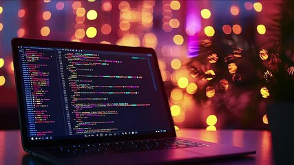 A close-up on a laptop screen displaying code with cloud service APIs and a blurred background of a modern data center, DevOps, Cloud Technologies, dynamic and dramatic compositions