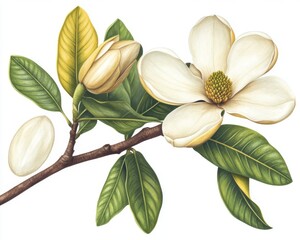 Wall Mural - Pink magnolia liliiflora branch with flowers and leaves in black and white outline with watercolor hand drawn painting on white background.