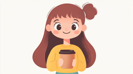 Poster - A cheerful girl enjoys her coffee in a charming, minimalistic doodle style, bringing warmth to any space.