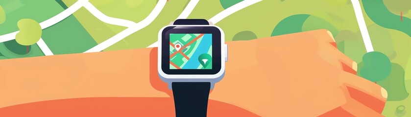 Smartwatch with GPS navigation, user on the go, flat design illustration