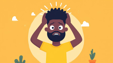 A colorful D illustration of a stressed AfricanAmerican man, expressing anxiety with his head in his hands.