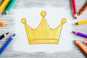 Wall Mural - Charming Yellow Crown Illustration with Minimalist Lines, Created with Crayons on White Paper in Clip Art Style