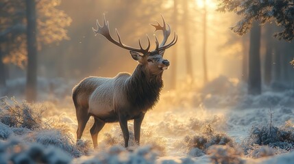 Wall Mural - majestic stag in misty winter forest snowcovered pines ethereal morning light filtering through branches creating a magical woodland scene