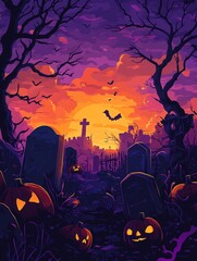 Wall Mural - A flat graphic illustration of a spooky cemetery at sunset, featuring tombstones, pumpkins, and bats. It evokes themes of death, mystery, and the supernatural.