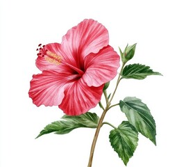 Poster - Flowers, leaves, and buds of a red hibiscus. Set of floral design elements.