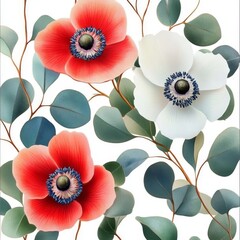 Wall Mural - This seamless watercolor illustration features eucalyptus leaves and anemones, hand painted red and white anemones on a green brunch on a blue pastel background. It can be used for a design or a