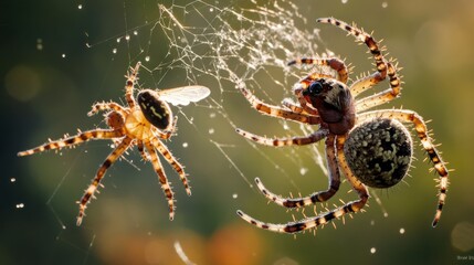 A spider catching a fly in its web, illustrating a secondary consumer in a terrestrial food chain