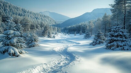 Wall Mural - majestic winter landscape with snowladen evergreens framing a distant mountain range crisp clear air and soft light create a serene scene with ample copy space