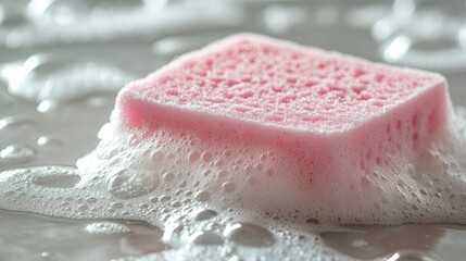 Wall Mural - A pink sponge on a wet, soapy countertop, surrounded by bubbles and soap suds, symbolizing cleanliness.