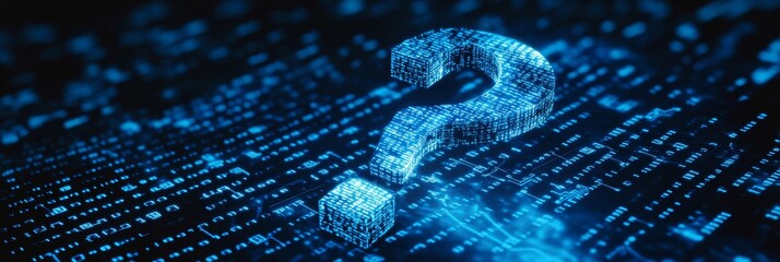 a glowing blue question mark icon composed of binary code, symbolizing digital uncertainty, data sec