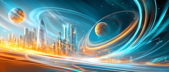 Canvas Print - Futuristic Cityscape with Swirling Lights and Planets.