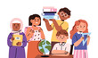 © Good Studio - School students group studying different subjects, education. Diverse children, schoolkids learning together. Happy kids, boys and girls pupils. Flat vector illustration isolated on white background