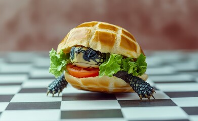 A charming turtle with a hamburger bun-shaped shell, its paws filled with lettuce leaves and tomato slices, photographed against a checkered floor that adds a whimsical touch