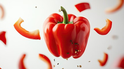 A red bell pepper suspended in the air with its slices falling around, against a clean background, illustrating the freshness and vitality of the vegetable.