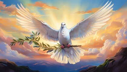 Sticker - A pure white dove carrying an olive branch, set against a sky filled with soft pastel colors