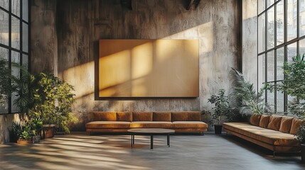 Poster - minimalist interior with wooden walls blank billboard mockup suspended from metal frame spotlights casting dramatic shadows