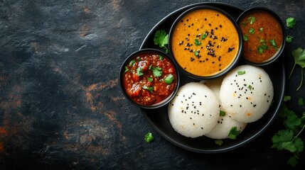 Masala idli served with chutney and sambar, a South Indian breakfast delicacy. Top view with copy space.