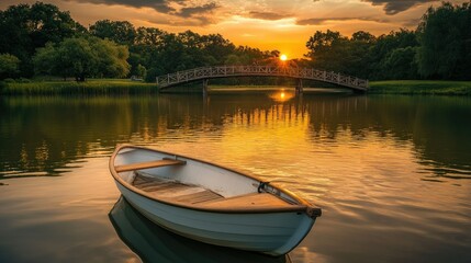 A row boat floating on a serene lake with an old wooden bridge and a beautiful sunset sky.