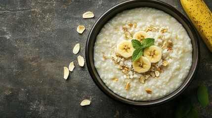 Wall Mural - Milk rice served with banana and lunu miris, a Sri Lankan breakfast dish. Top view with copy space.