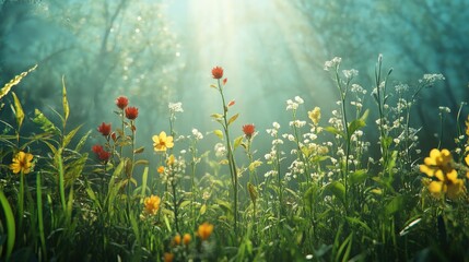 A sunlit meadow with various plants, depicting the base of the food web as producers capture solar energy