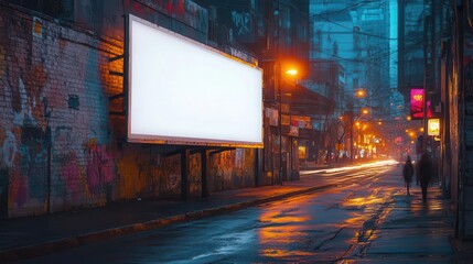 minimalist urban canvas blank white billboard on weathered brick wall bustling city street below blurred figures passing soft twilight hues paint the sky creating a dreamy atmosphere