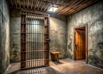 A worn iron cell with wooden door, faintly lit by a small barred window, enclosed by drab concrete walls and a steel floor.