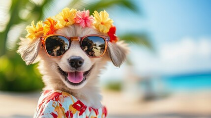 A smiling puppy in a summer costume with sunglasses, posing in a bright, sunny environment, symbolizing fun, joy, and the happiness of summertime.