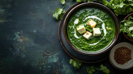 Wall Mural - Palak Paneer served in a bowl, garnished with cream and coriander. Copy space available.